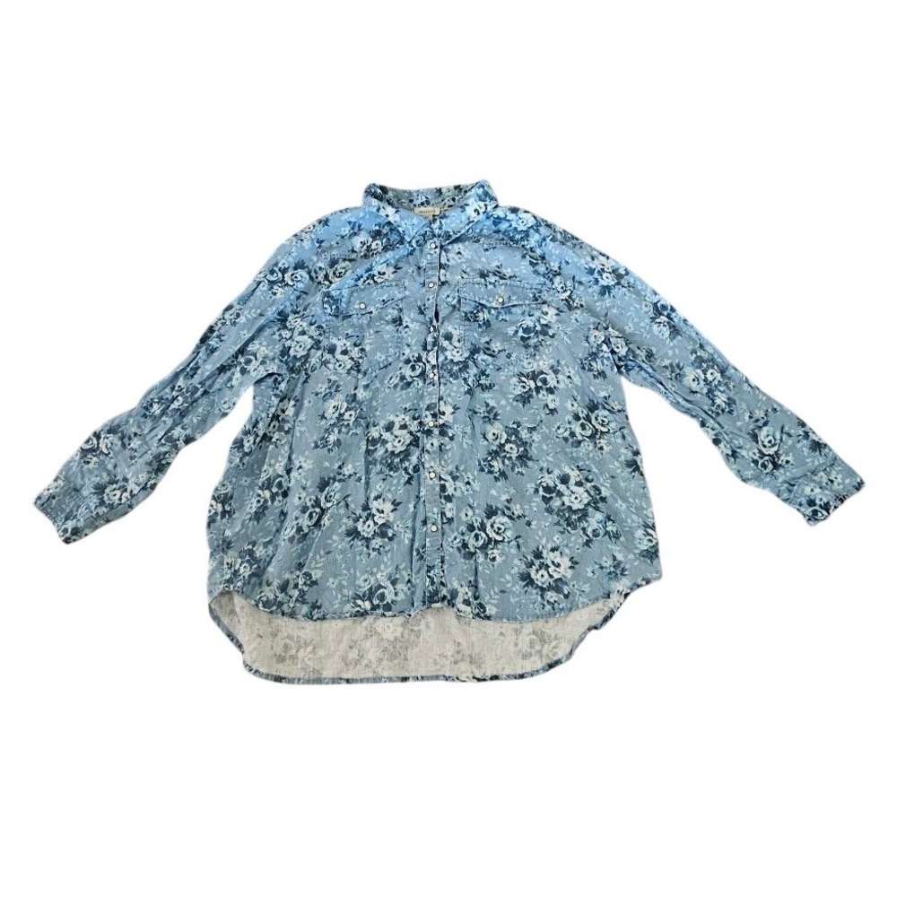 Sundance Women XXL Blue Floral 100% Linen Snap Front Western Shirt High Low Hem